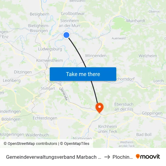 Gemeindeverwaltungsverband Marbach am Neckar to Plochingen map