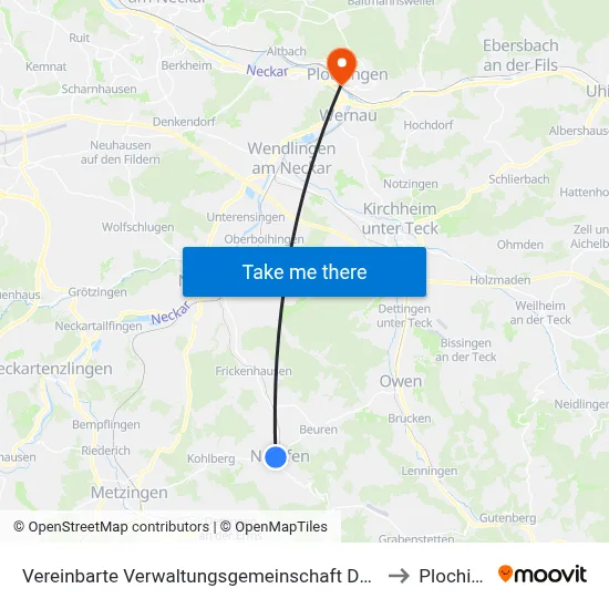 Vereinbarte Verwaltungsgemeinschaft Der Stadt Neuffen to Plochingen map