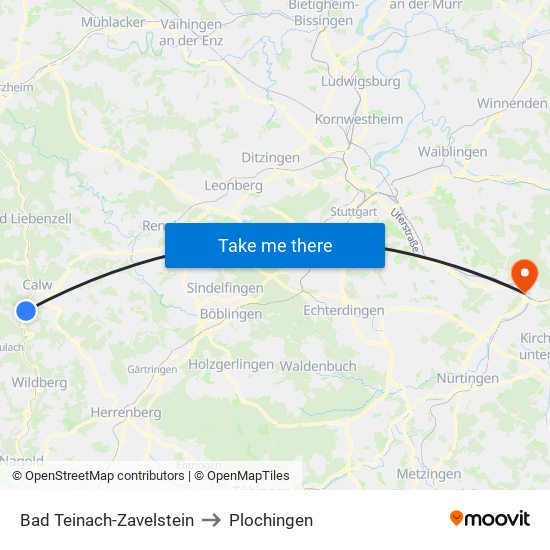 Bad Teinach-Zavelstein to Plochingen map