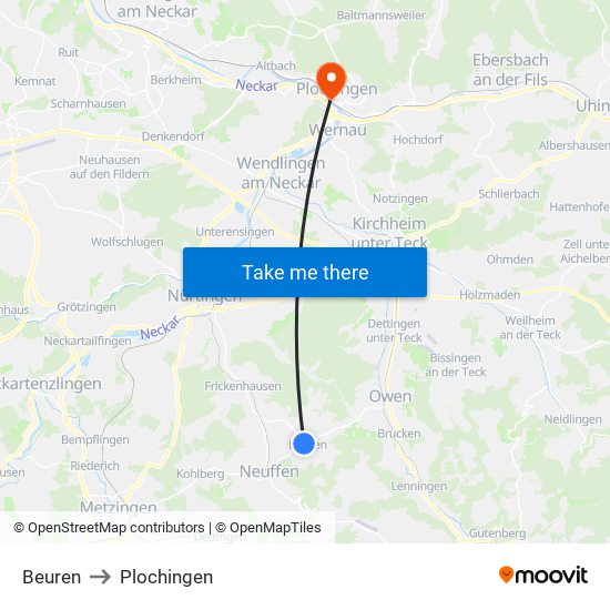 Beuren to Plochingen map