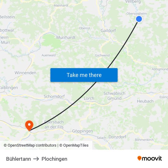 Bühlertann to Plochingen map