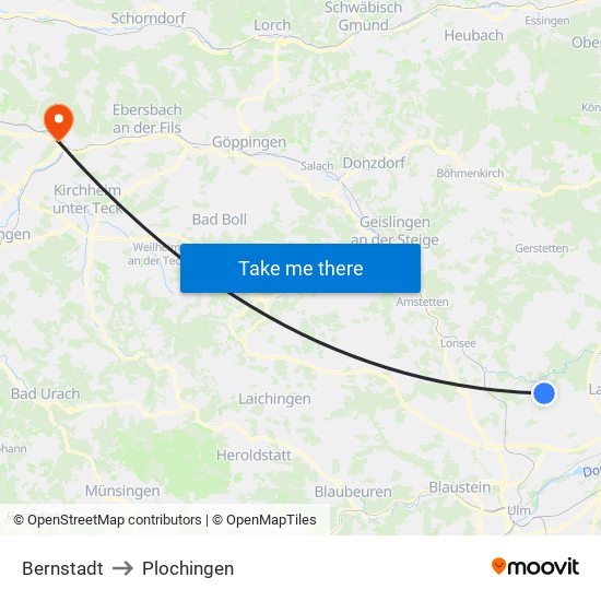 Bernstadt to Plochingen map