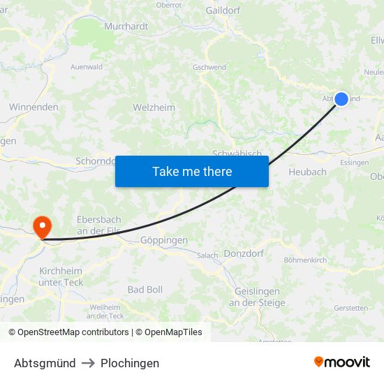 Abtsgmünd to Plochingen map