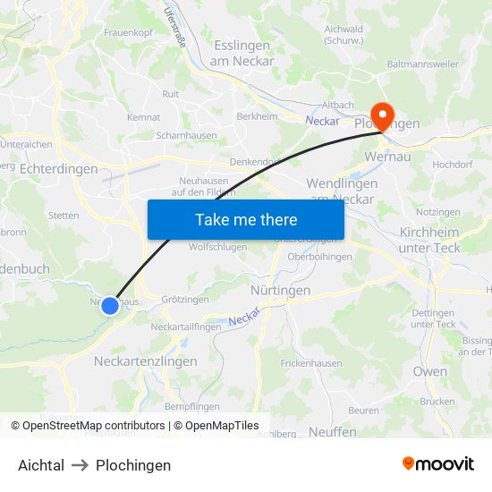 Aichtal to Plochingen map