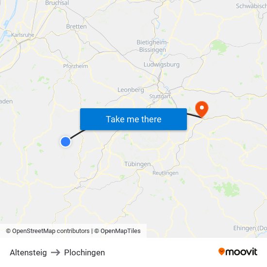 Altensteig to Plochingen map