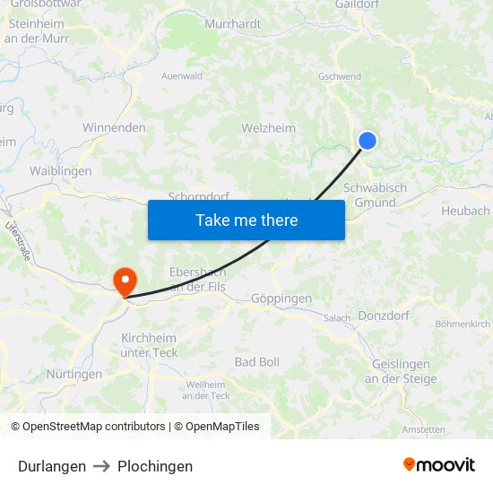 Durlangen to Plochingen map