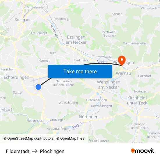 Filderstadt to Plochingen map