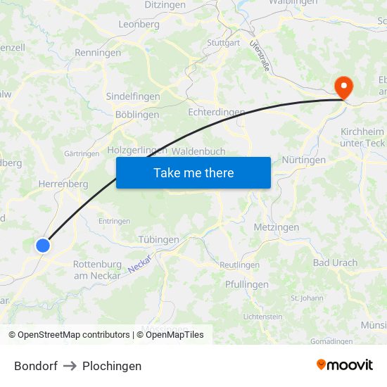 Bondorf to Plochingen map