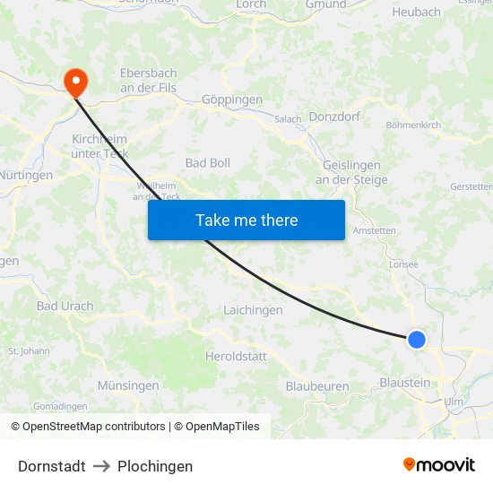 Dornstadt to Plochingen map