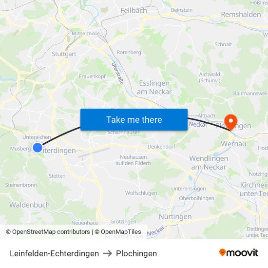 Leinfelden-Echterdingen to Plochingen map