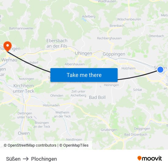 Süßen to Plochingen map