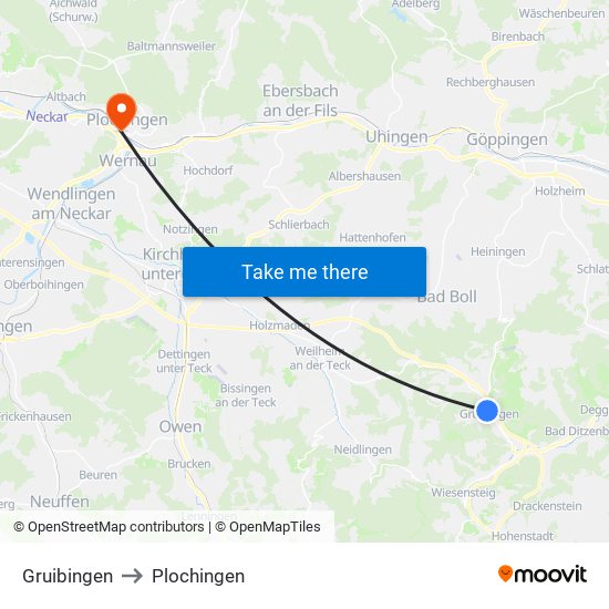 Gruibingen to Plochingen map