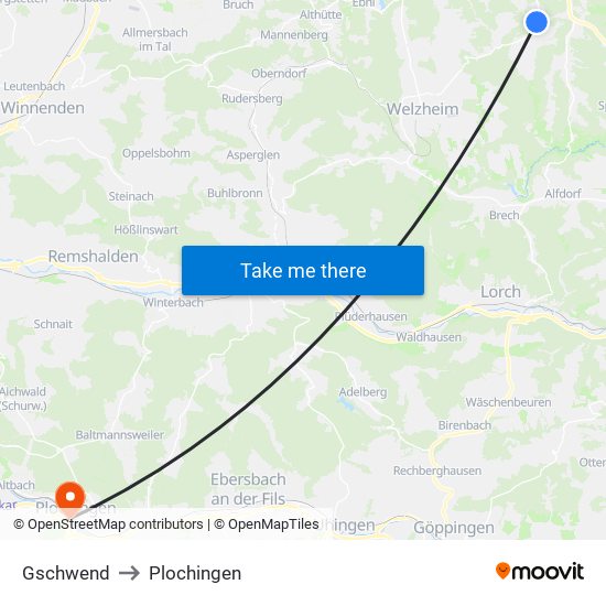 Gschwend to Plochingen map