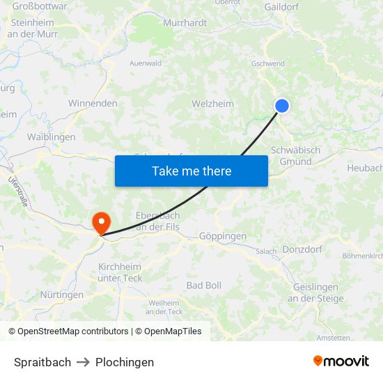 Spraitbach to Plochingen map