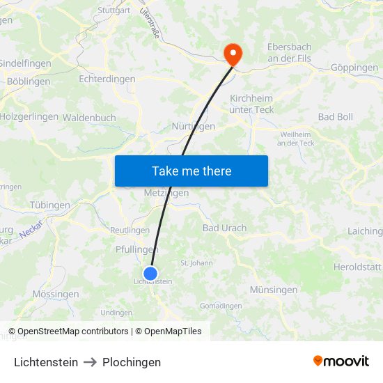 Lichtenstein to Plochingen map