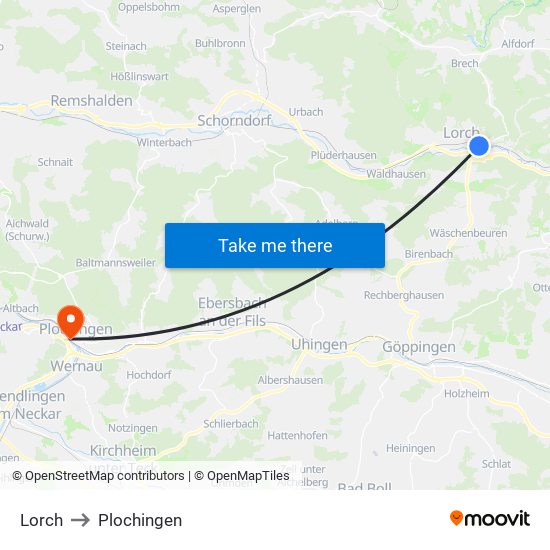 Lorch to Plochingen map
