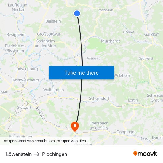 Löwenstein to Plochingen map