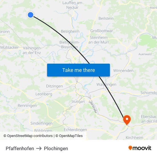 Pfaffenhofen to Plochingen map