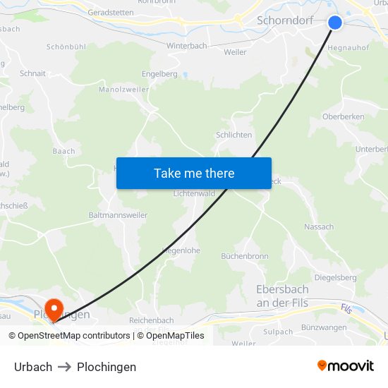 Urbach to Plochingen map