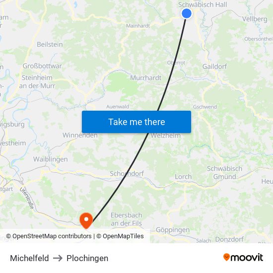 Michelfeld to Plochingen map