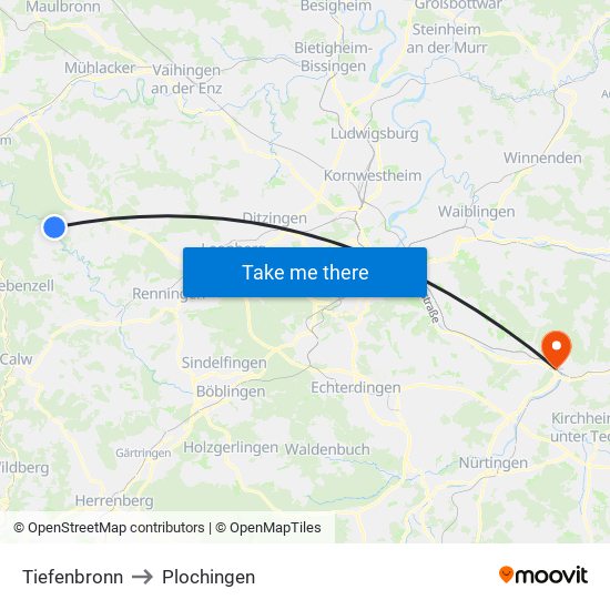 Tiefenbronn to Plochingen map