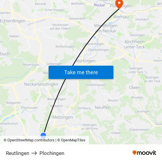 Reutlingen to Plochingen map