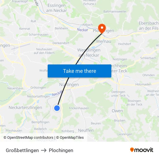 Großbettlingen to Plochingen map