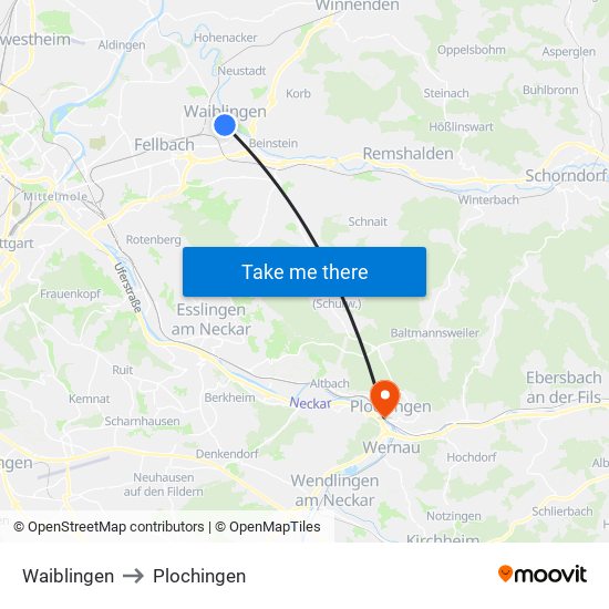 Waiblingen to Plochingen map