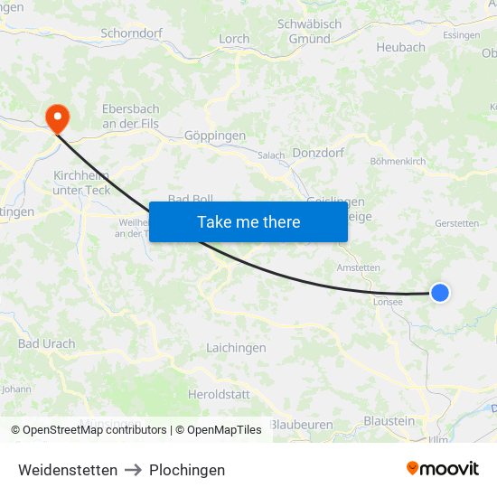 Weidenstetten to Plochingen map