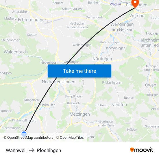 Wannweil to Plochingen map