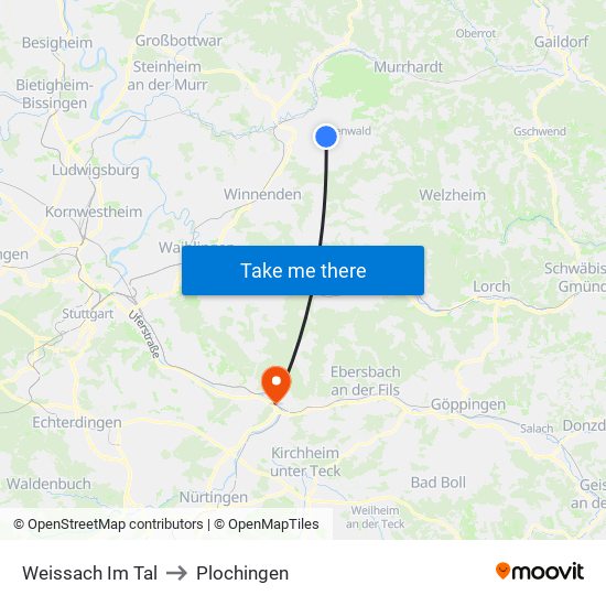 Weissach Im Tal to Plochingen map