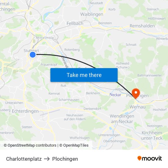 Charlottenplatz to Plochingen map