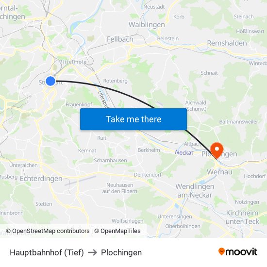 Hauptbahnhof (Tief) to Plochingen map