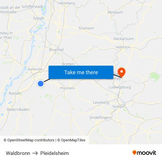 Waldbronn to Pleidelsheim map
