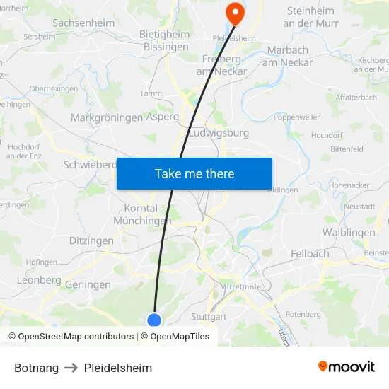Botnang to Pleidelsheim map
