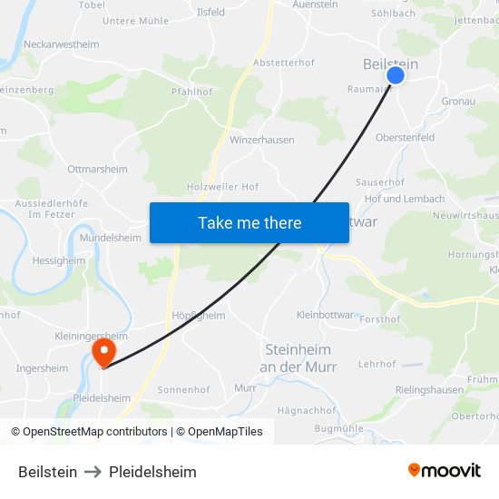 Beilstein to Pleidelsheim map
