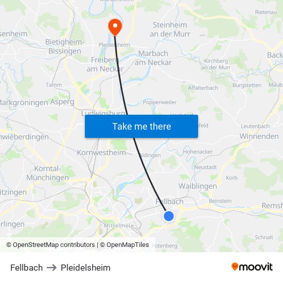 Fellbach to Pleidelsheim map