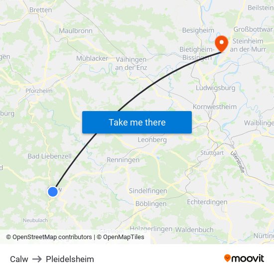 Calw to Pleidelsheim map