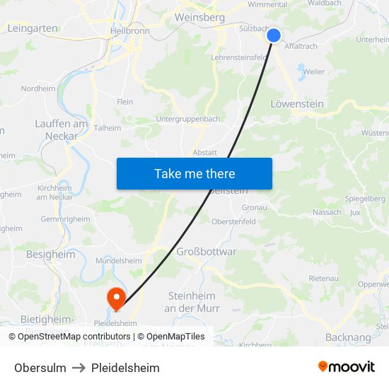 Obersulm to Pleidelsheim map