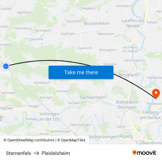 Sternenfels to Pleidelsheim map