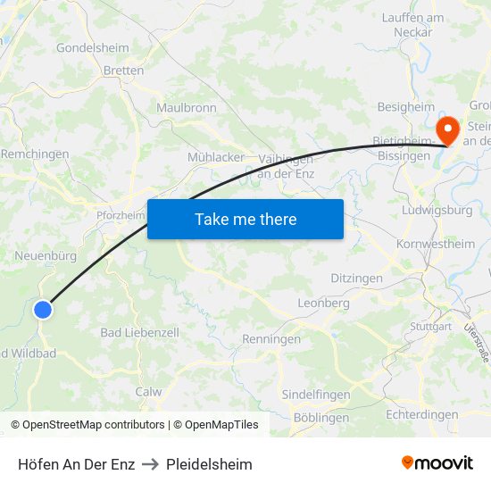 Höfen An Der Enz to Pleidelsheim map