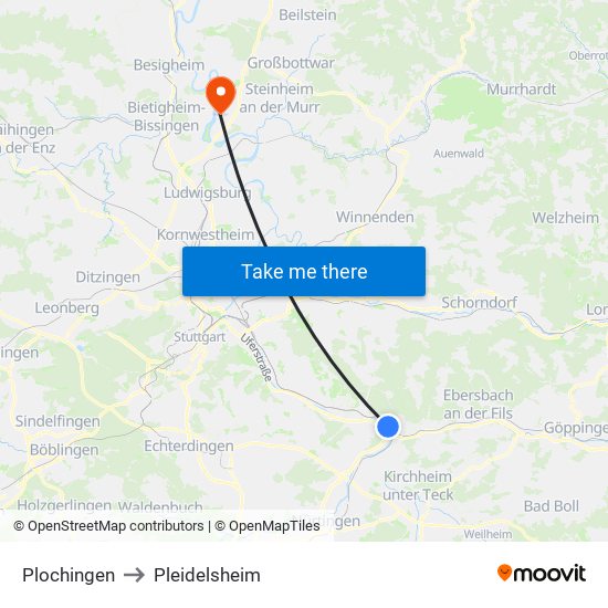 Plochingen to Pleidelsheim map