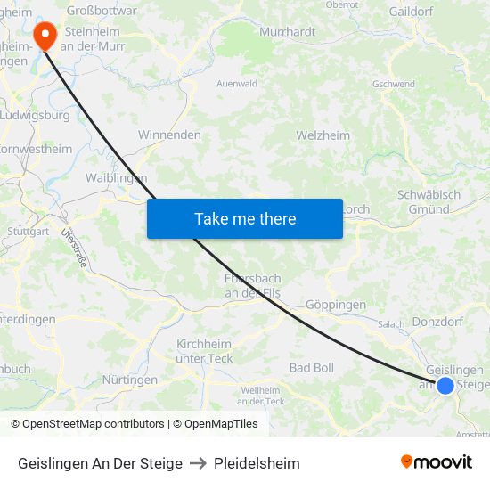 Geislingen An Der Steige to Pleidelsheim map