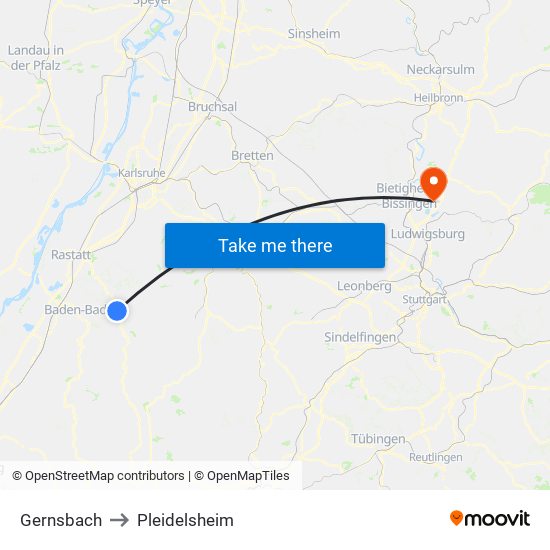 Gernsbach to Pleidelsheim map