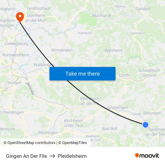 Gingen An Der Fils to Pleidelsheim map