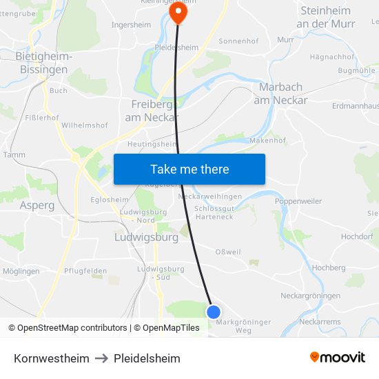 Kornwestheim to Pleidelsheim map