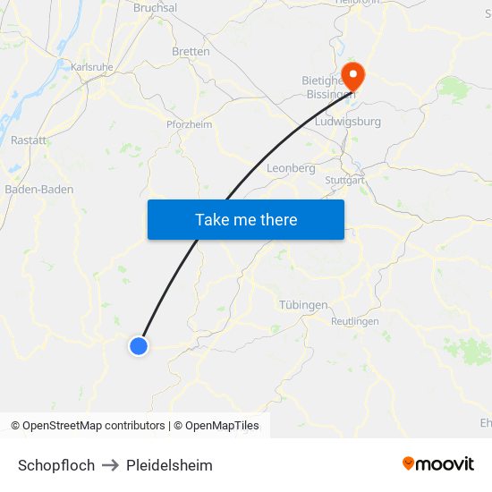 Schopfloch to Pleidelsheim map