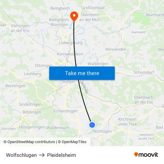 Wolfschlugen to Pleidelsheim map