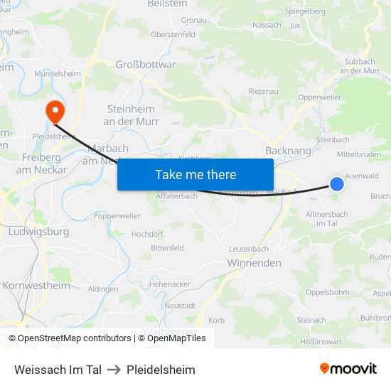 Weissach Im Tal to Pleidelsheim map