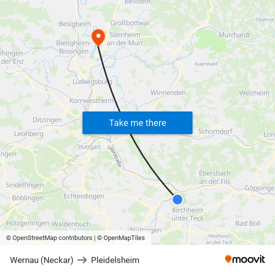 Wernau (Neckar) to Pleidelsheim map